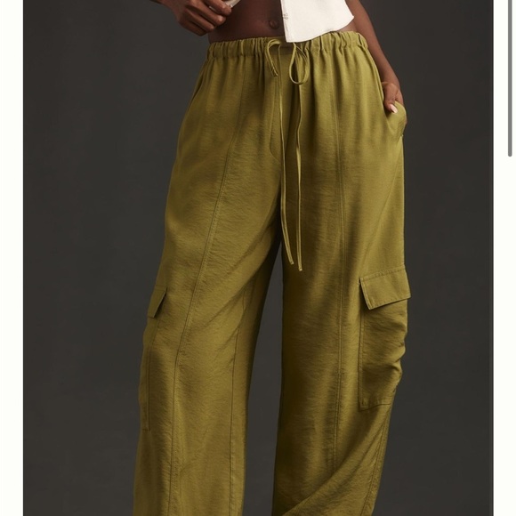 Anthropologie Cargo Parachute Pants Moss Green Pockets Drawstring Jogger M NEW - Picture 2 of 16